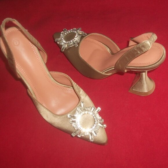 NWOB Taupe-Satin Slingback Pumps in Style of Amina Muaddi Begum Pumps - Picture 4 of 10